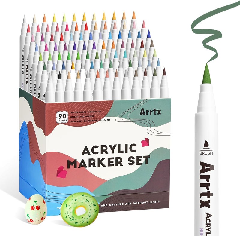 Arrtx 90 Colors Paint Markers, Acrylic Paint Pens for Artists Adults Coloring Drawing - Extra Brush Tip for Rock Painting, Wood, Canvas, DIY Crafts Making Art Supplies - Image 1